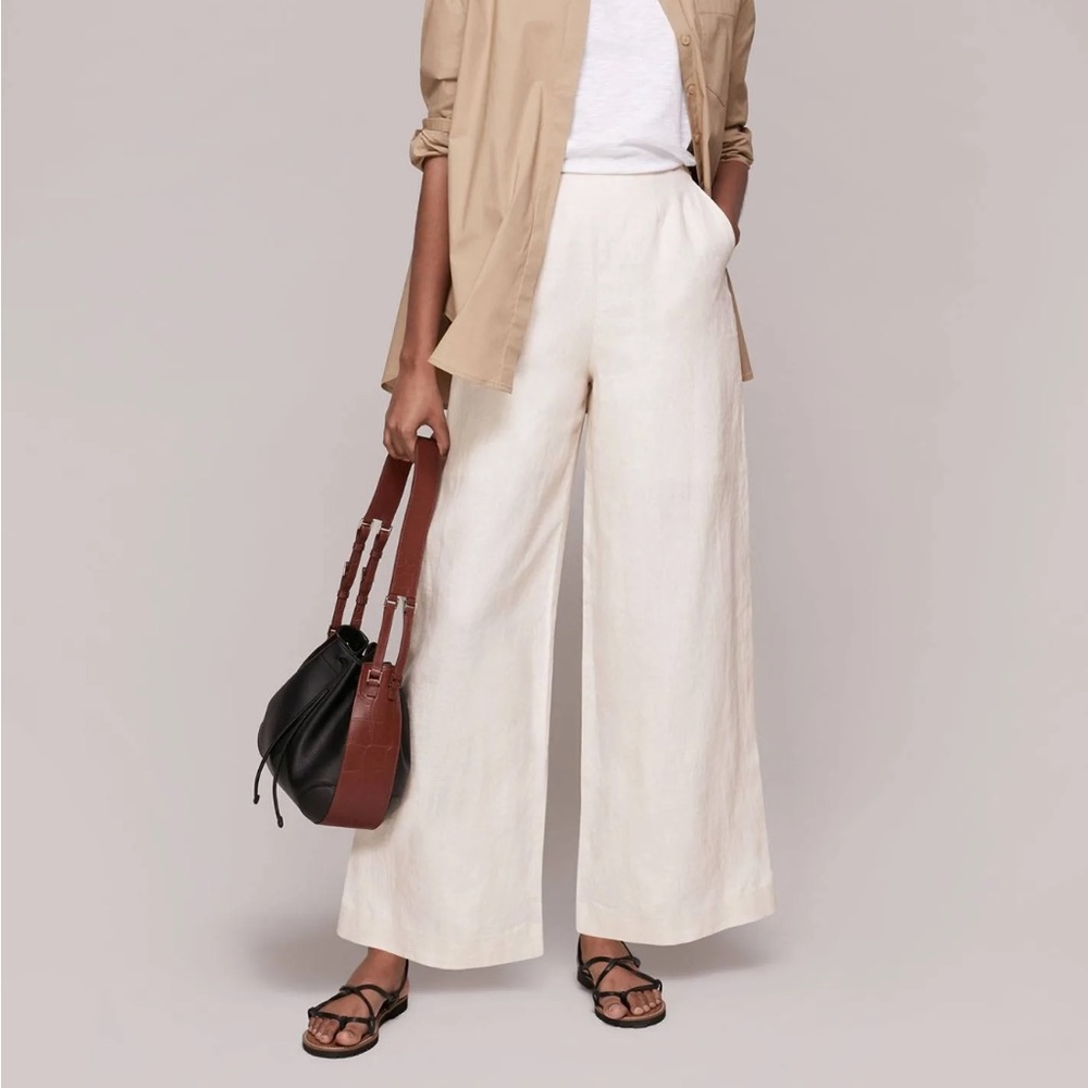 Whistles Minimalist Style Linen Wide Leg Split Hem Oatmeal Trousers